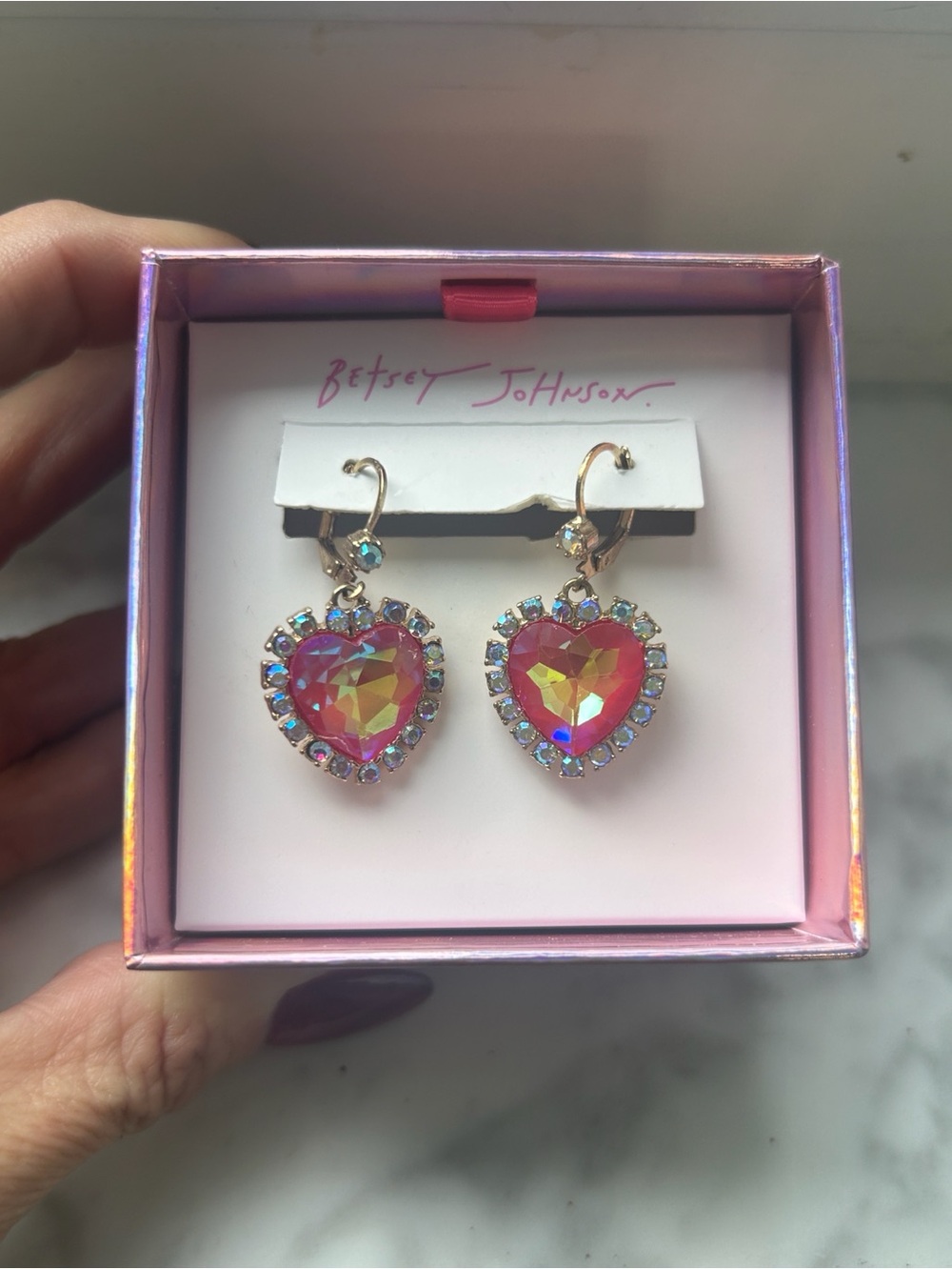 Betsey Johnson Pink Heart Drop Earrings in Decorative Box